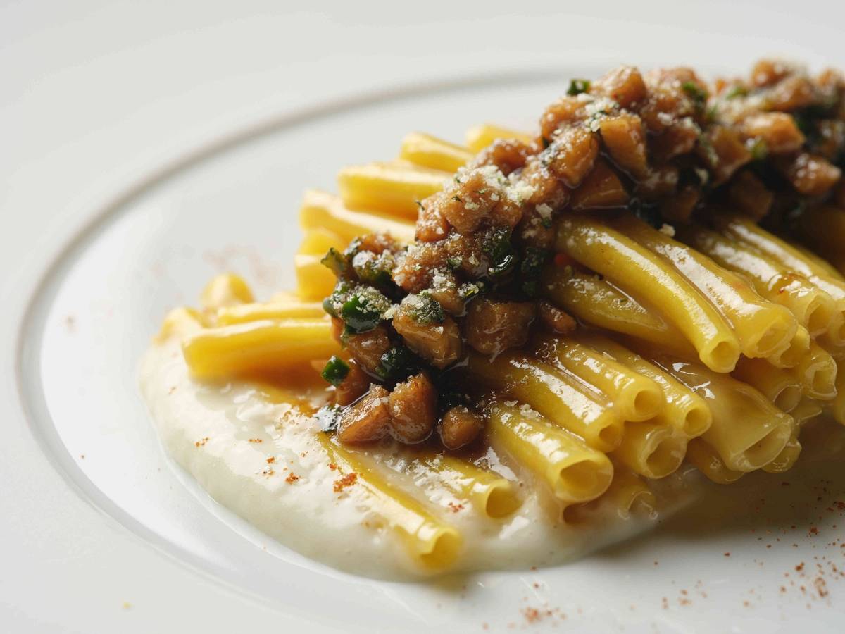 Maccheroncino al ferretto in un piatto bianco, primo piano.